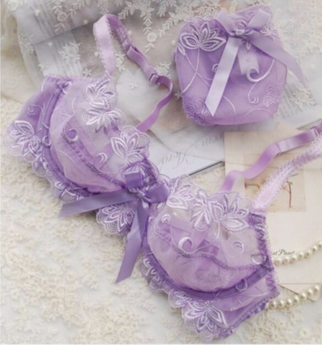 WOMEN SHEER LACE FLORAL BALCONY BRA SET BRIEFS PANTIES LINGERIE 32-42 ABCD-DD-E - Picture 15 of 17