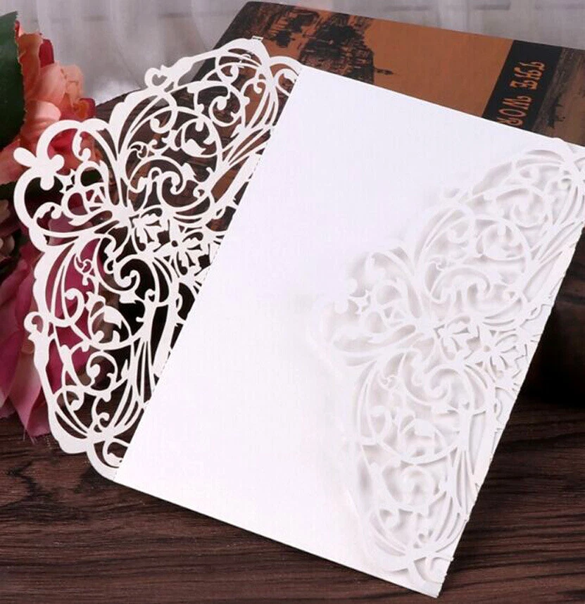 Tarjeta de invitación de boda con flor hueca cortada con láser con cinta/tarjeta de visita de hotel Foto 4 de 4