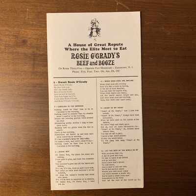 Vintage ROSIE O'GRADY'S Beef & Booze Restaurant Song Lyrics Eatontown New Jersey