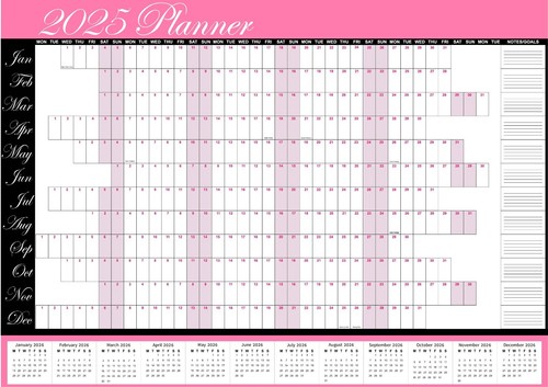 A3 - A1 Year Planner Wall Calendar Home Office Pink Black Holidays - Picture 2 of 3