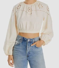 $285 Rhode Women's Beige Adeline Cotton Eyelet Crop Blouse Tops Size Small