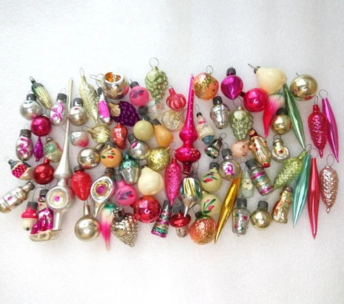 Big set 76 Mini Vintage Glass Christmas Ornament X-mas Decoration for Small Tree