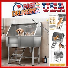 38" Dog Grooming Bath Tub Stainless Steel Pet Wash Station w/ Non-Slip Ramp US