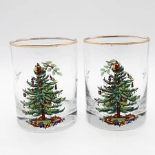 Set of 2 Spode Christmas Tree Whiskey Lowball Tumblers Old Fashioned Glasses