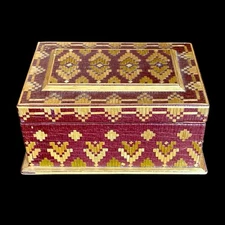 Vintage Russian Mosaic Box Inlaid Straw Marquetry Red Wooden Trinket 5.5” VTG
