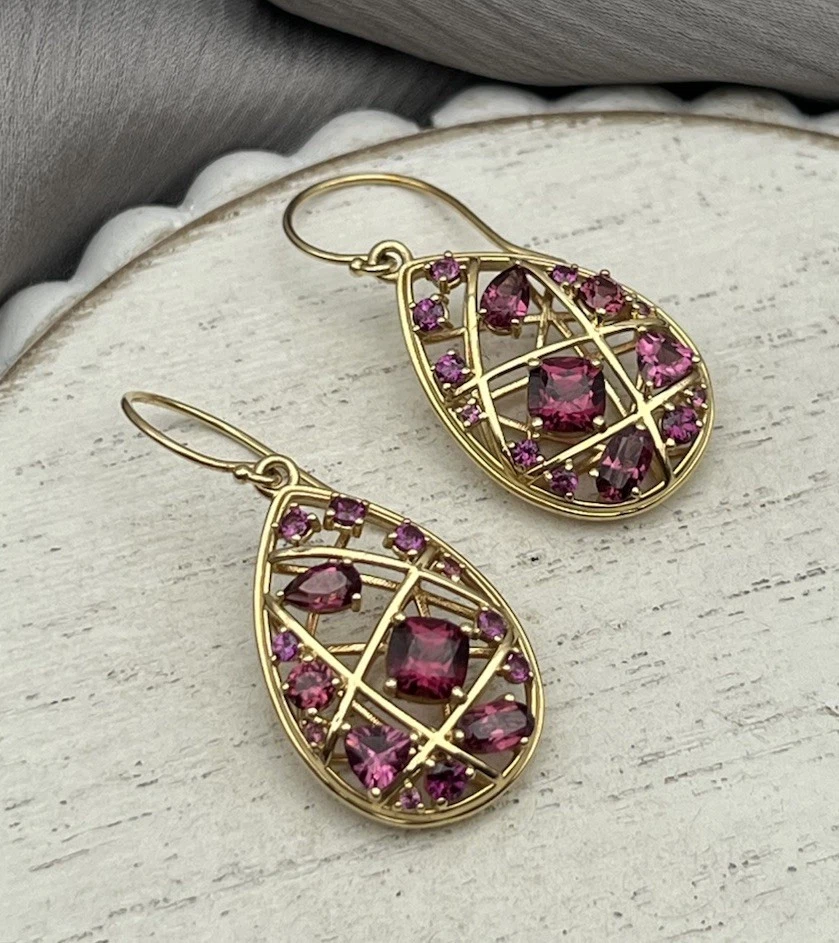 Pendientes colgantes de granate rodolita genuina de oro amarillo de 14 k 6,39 G / 1,3 pulgadas Foto 2 de 4