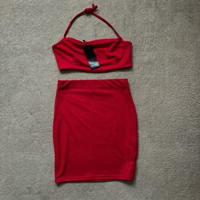 Nasty Gal red two piece halter top mini skirt cord set new size