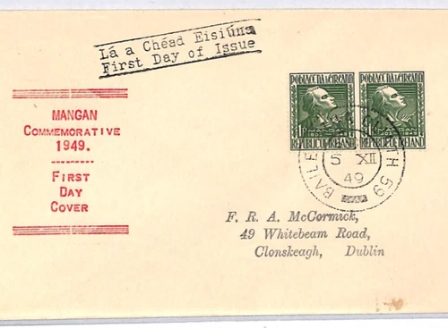 Ireland EIRE 1949 FDC *MANGAN* PAIR Dublin DISPLAY TEXT First Day Cover YH282