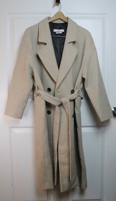 Women's MNG Mango Beige Wool Blend Tweed Double Breasted Long Coat Belted Size M