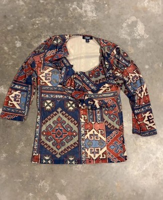 Chaps Denim Blouse Womens Large Multicolor Ruffle Scoop Neck Tribal Boho Print