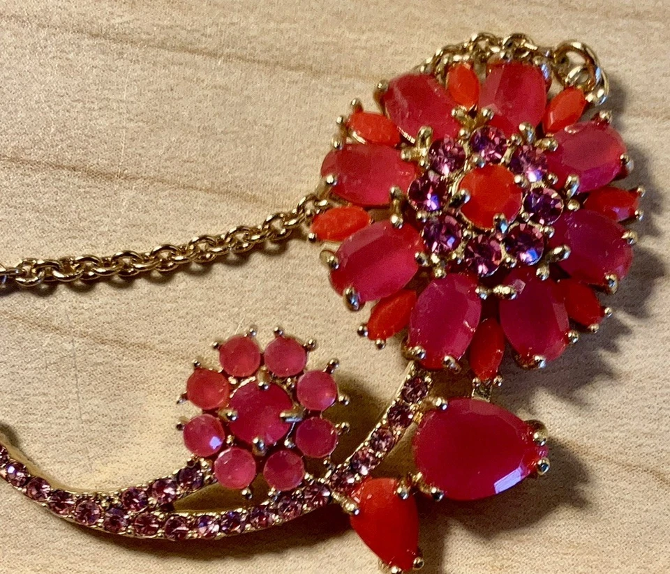 Kate Spade Red Sparkly Crystal Flower W/Pink Crystal Leaf Gold Tone 16”Necklace - Image 2 of 4