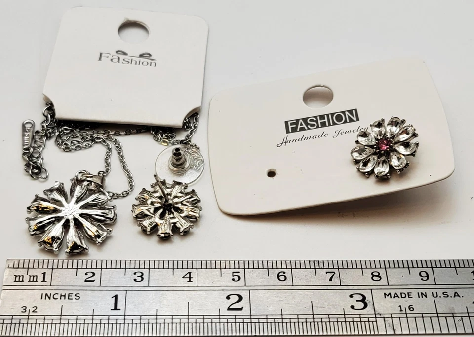 Nuovo Color Argento Rosa Trasparente Strass Set Orecchini a Bottone & Ciondolo - Immagine 3 di 3