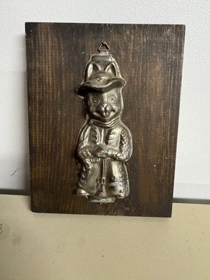 ANTIQUE Metal Mr Easter Bunny Shape Candy or Chocolate Mold mount on Wooded