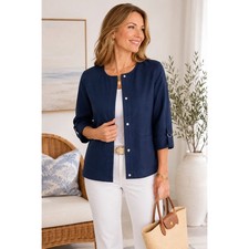 Chico's Short Linen Utility Jacket Kings Navy Blue 3/4 Sleeve Size 2 L 12/14 NWT