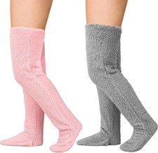 Jspupifip 2 Pairs Over Knee High Fuzzy Leg Warmers Plush Slipper Stockings Furry