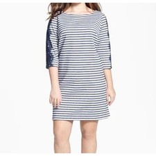 Eliza J Stripe Shirttail Dress Womens 8 Navy White Lace Trim Exposed Red Zipper