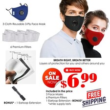 3 Reusable Cloth Face Masks Blue 6 FREE 5 LAYER FILTERS BONUS