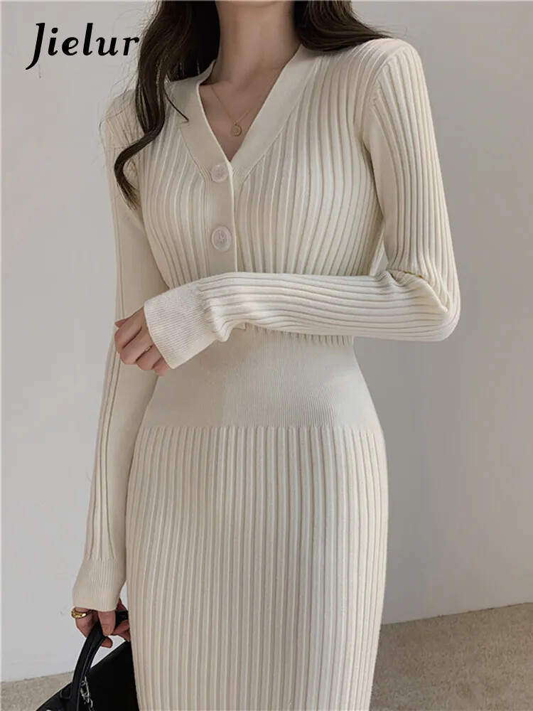 Long Sleeve Dresses Women Dress Lady Winter V Neck Sweater Midi Dress