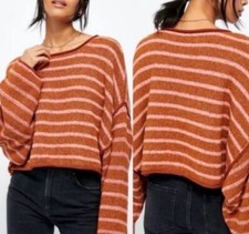 FREE PEOPLE BARDOT Brown Pink Striped Oversized Slouchy Crop Boho Sweater XXS