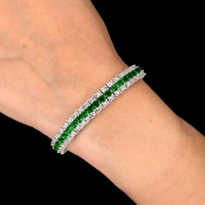 15 Ctw Lab Created Emerald & Diamond 14K White Gold Plated Tennis Bracelets