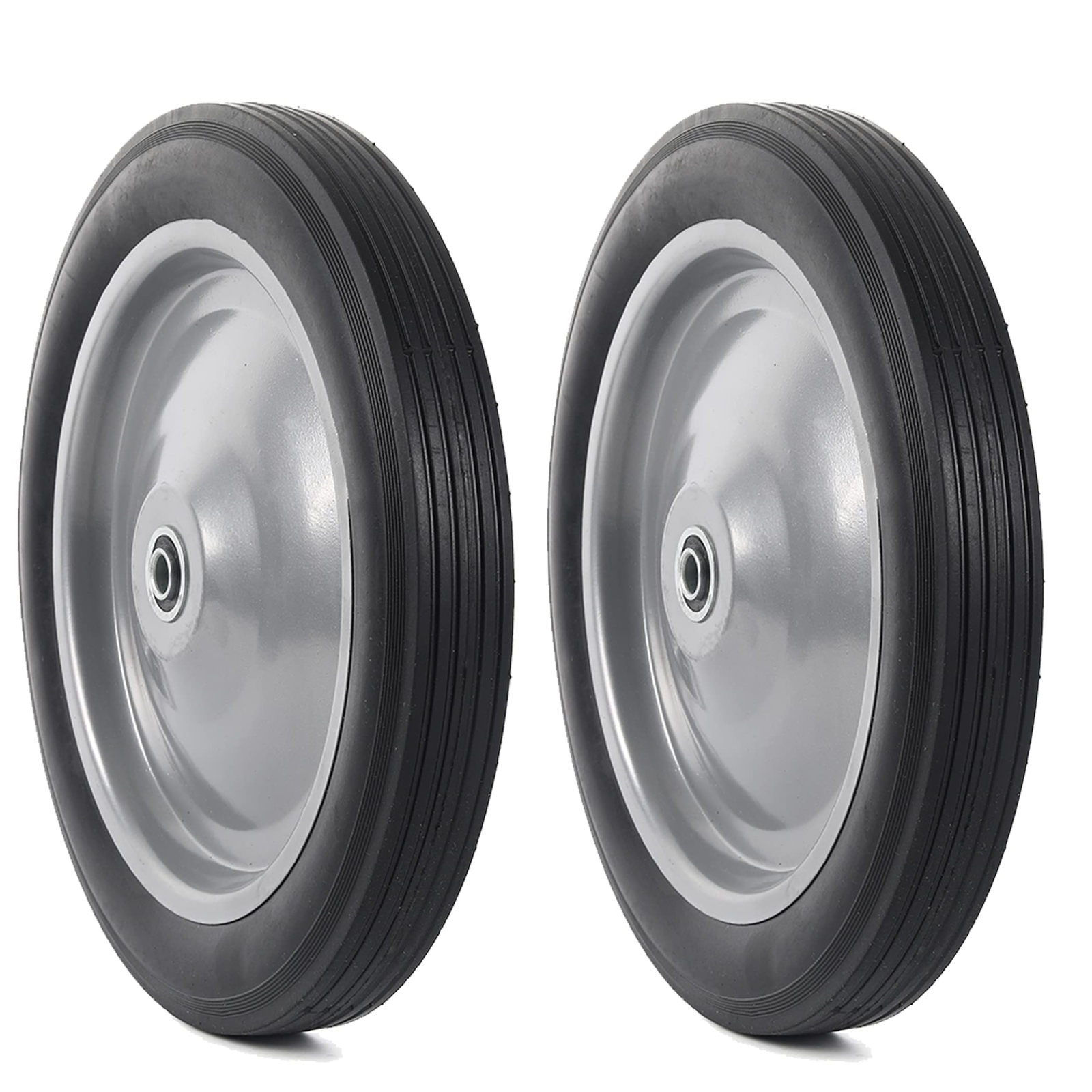 12” x 1.75” Flat Free Solid Rubber Wheel Assemblies (2-Pack) - With Ball Bear...