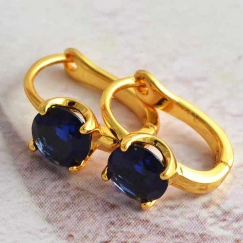 Pendientes de aro Huggie bastante clásicos nuevos rellenos de oro amarillo azul oscuro circonita cúbica en forma de U Foto 2 de 2
