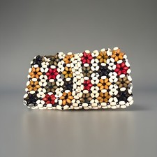 Vtg Hand Beaded PURSE Oblong Wooden Beads 7"x4"-Made in Czechoslovakia READ FLAW