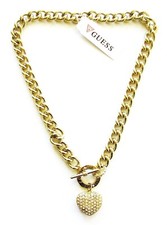 NEW GUESS GOLD TONE TOGGLE PUFFED HEART CHARM NECKLACE RHINESTONE