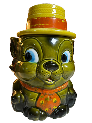 USA Vintage 1950s 陶器製の人形 ミッドセンチュリー 置物 Vintage 1950s Japan Cookie Jar Anthropomorphic Green Cat w Top Hat