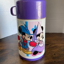 Termo de plástico vintage Disney con taza púrpura Mickey y Minnie