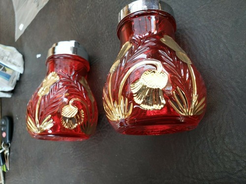 Vintage Crystal/cut glass sugar and creamer Red/Gold Thistle Pattern - Picture 3 of 6