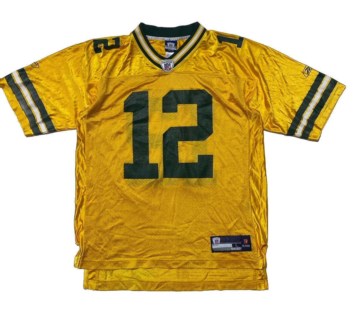 Green Bay Packers Jersey Mens Large Yellow #12 Aaron Rodgers Reebok Authentic