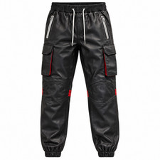 Men's Black Leather Jogger Pants Red Accents Cargo Pockets Waist 36 Inseam 33
