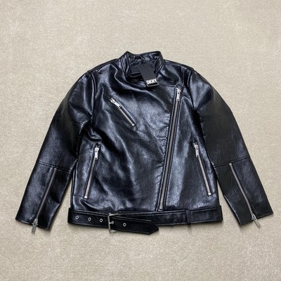 DKNY Bikerjacke Damen XS schwarz Kunstleder neu mit Etikett neu Moto Gürtel Reißverschlusstaschen