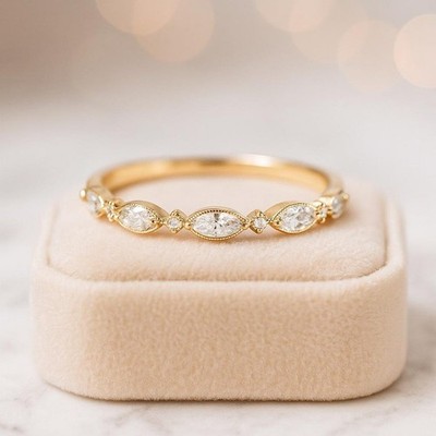 Art Deco Marquise Cut Moissanite Wedding Band , Half Eternity Stacking Ring