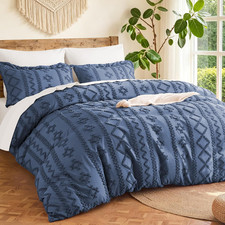 Boho Duvet Cover Queen Size - Navy Blue Tufted Boho Bed Set 3 Pieces Machine W