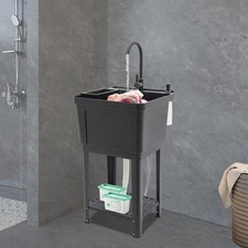 Modern Utility Sink Garage Bathroom Laundry Sink W/ Soap Box Storage Rack Faucet