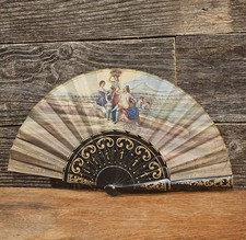 Antique Victorian Edwardian Era Hand Painted Spanish Folding Fan Carved Wood