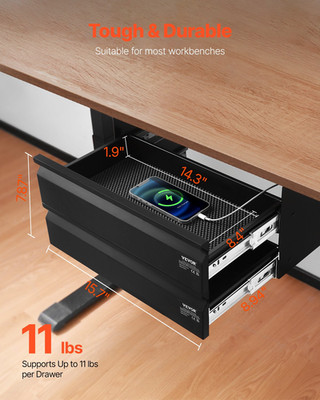 2 Drawer 16'' Under Desk Drawer Organizer Slide-out Drawer Space Saver Office