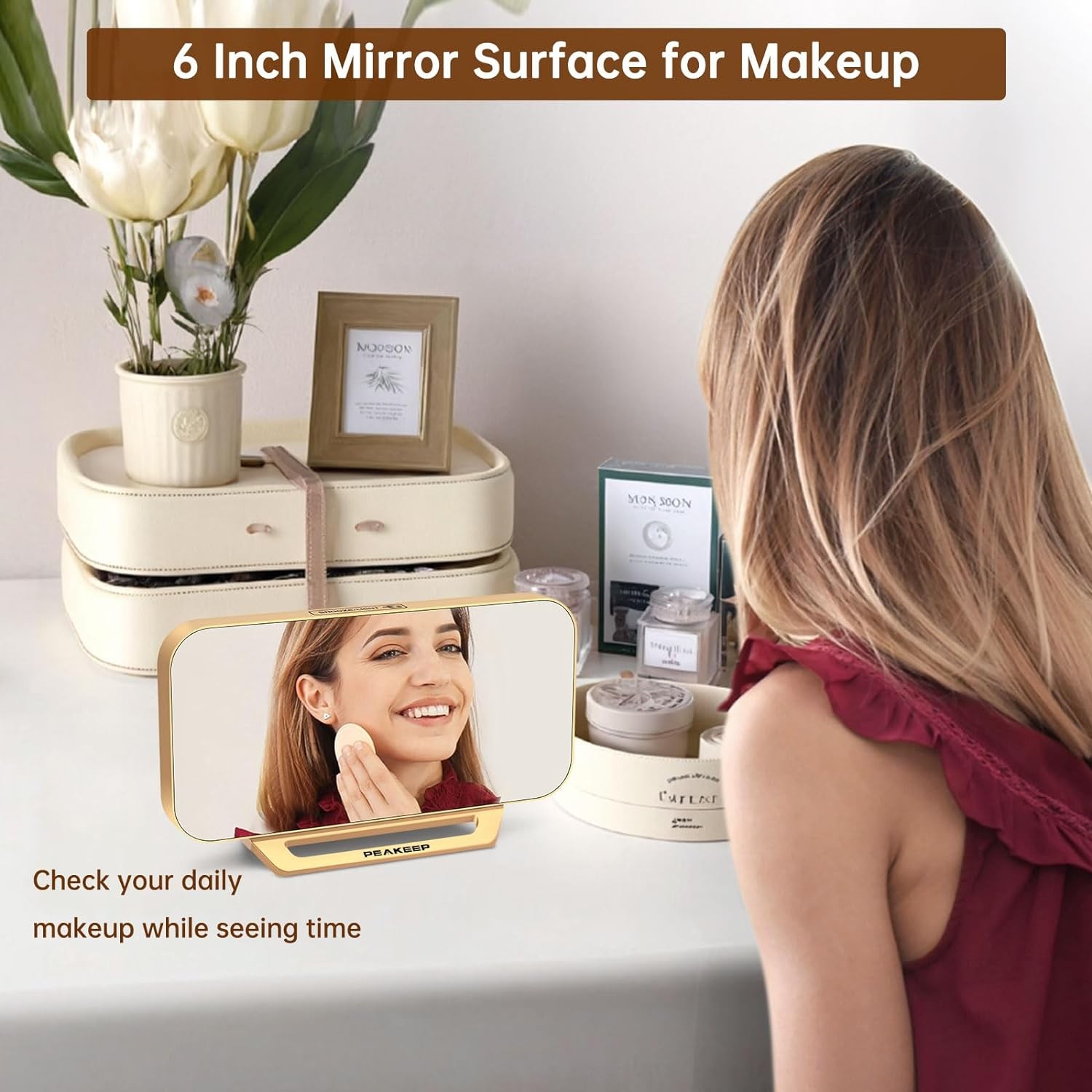 Peakeep Slim Digital Mirror Aesthetic Alarm Clock for Bedrooms Desk Decor - Plug