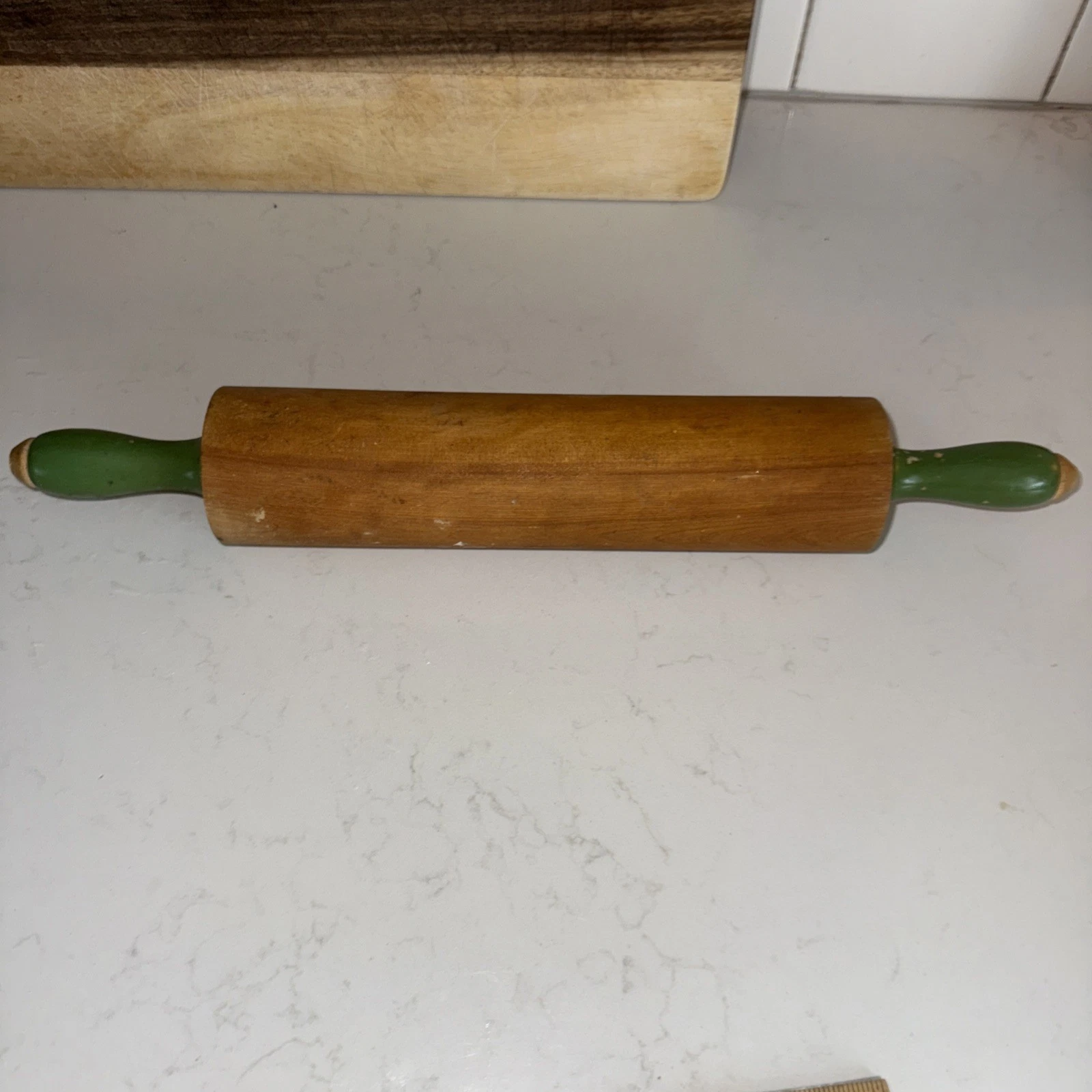 Vintage Wooden Rolling Pin With Green Handles 17" Rustic Farmhouse