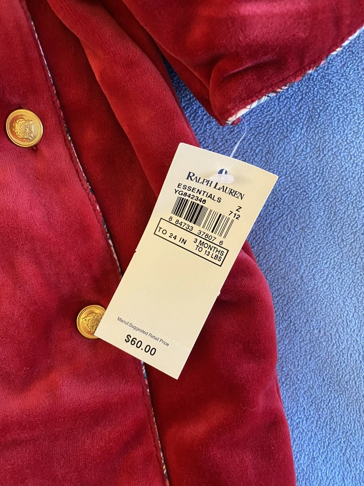 Ralph Lauren Bebé Una Pieza Capucha Terciopelo Rojo 3 Meses Forro a Cuadros Cresta Logo Nuevo con Etiquetas Foto 3 de 4