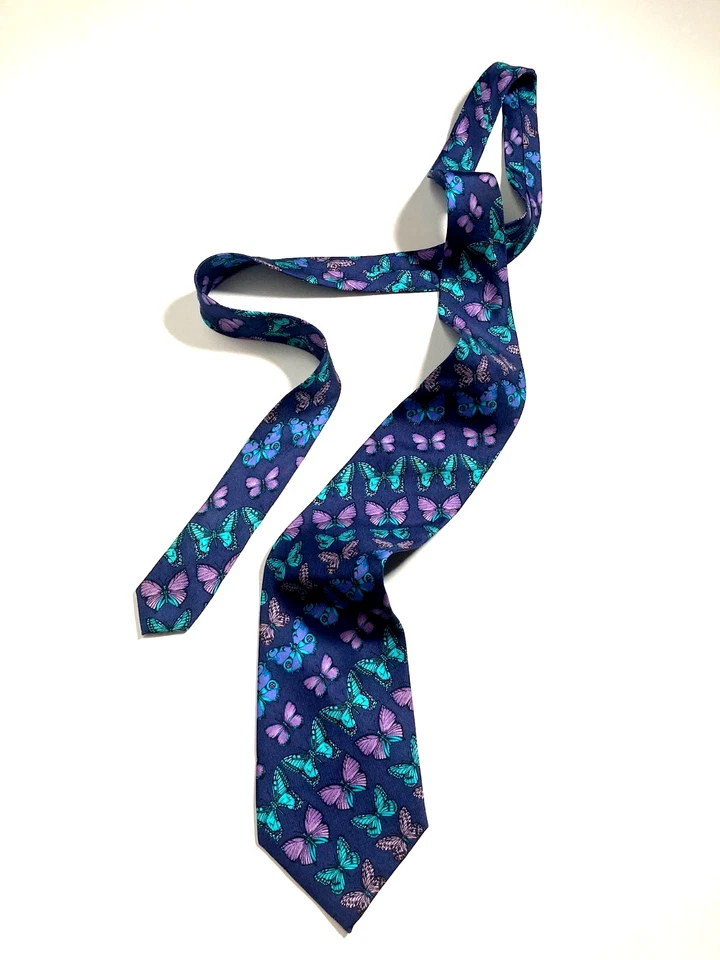 GIANNI VERSACE VINTAGE '90s ICONIC BAROQUE BUTTERFLY TIE SWALLOWTAIL ITALY BLUE - Image 3 of 4