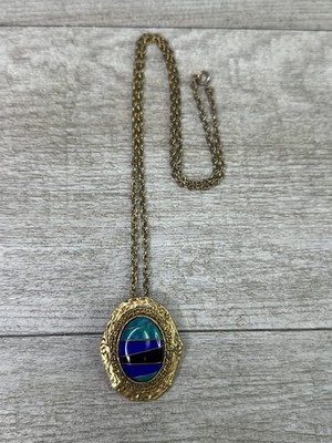 PERI Vintage Gold Tone Inlaid Oval Pendant Necklace Brooch Pin Multi Color