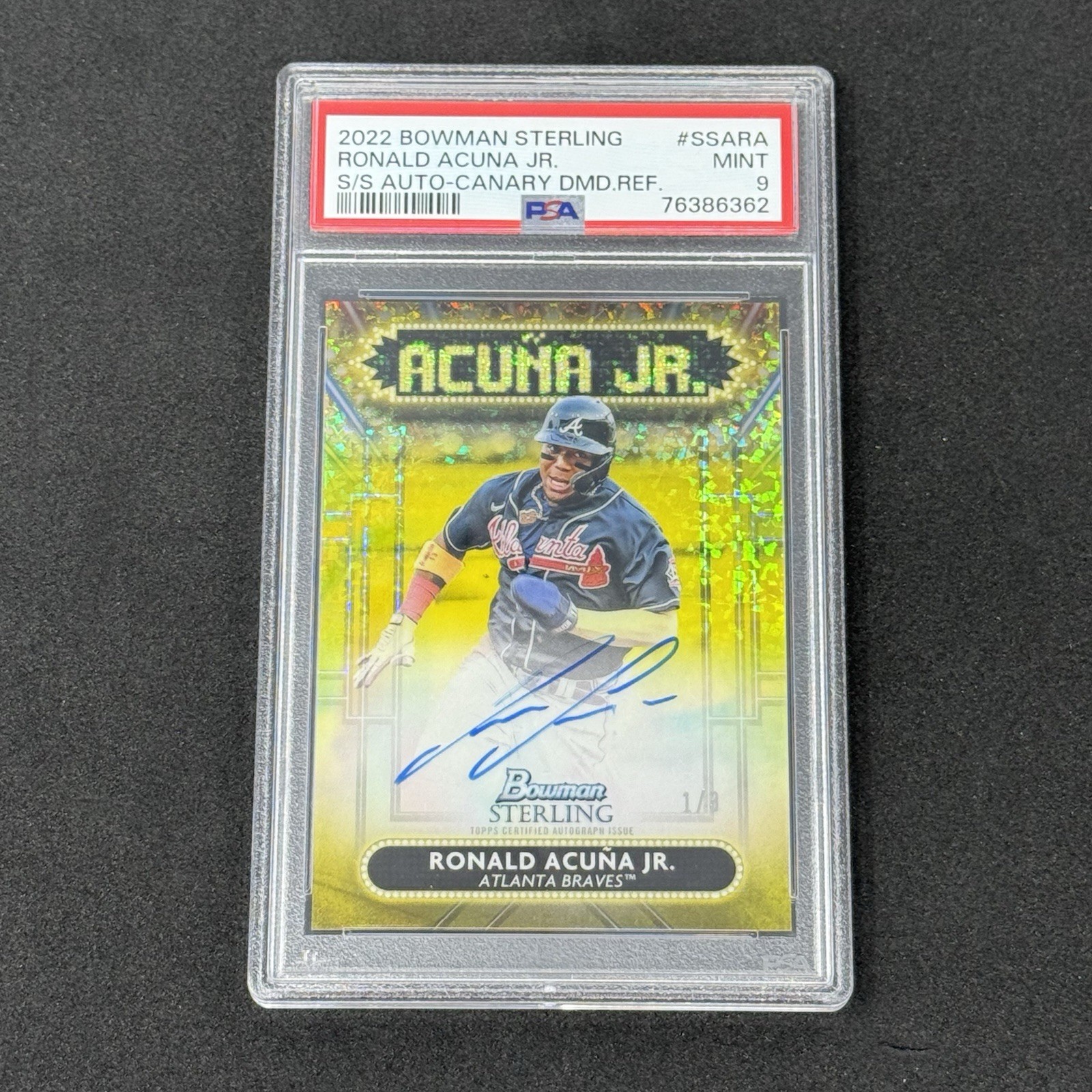 Ronald Acu a Jr. Atlanta Braves 2022 Bowman Sterling Signage Ronald Acuna Jr. Braves AUTO Canary Gold #/3 PSA 9 