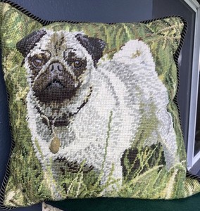 Pug Dog Wool Needlepoint Throw Pillow 14x14 Square Green Velvet Embroidery Decor