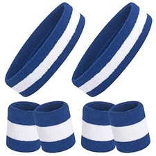 6 Pieces Sweatbands Set - Sports Headbands Wristbands for Men Blue/White/Blue