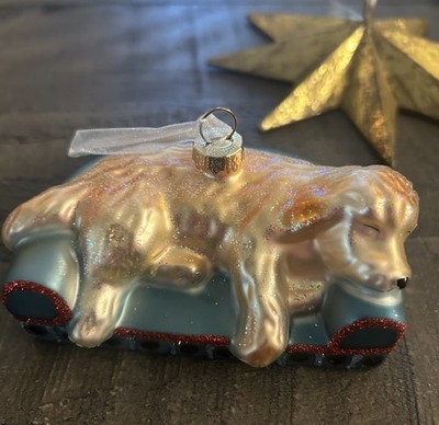 Glittery Blown Glass Yellow Lab Puppy Dog Napping Ornament NWT
