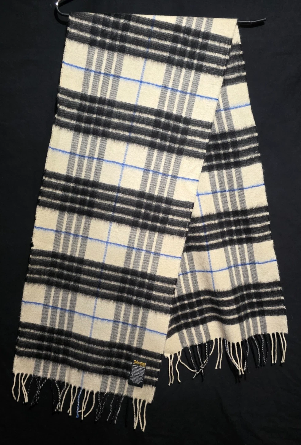 Johnstons of Elgin Made in Scotland 70% Cashmere 30% Wool Scarf Black Cream Blue