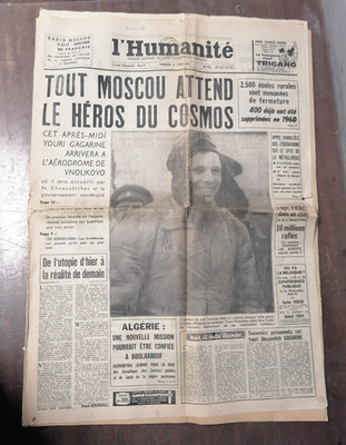 Vintage Illustrated Newspaper  L'HUMANITE  Gagarin s First Flight 1961 France
